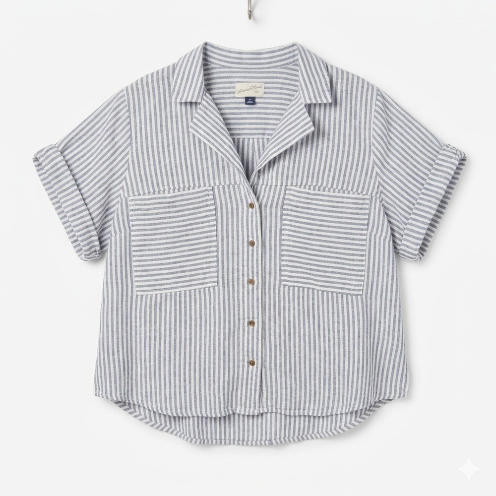 Universal Thread Button Down Shirt Womens XXL Blue White Striped Linen Blend